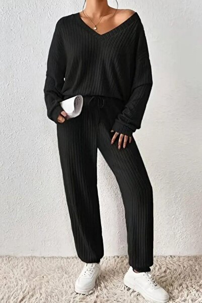 Mossta V-Neck Ribbed Knit Blouse Trousers Double Suit - Black