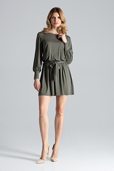 Figl Elegant mini dress with long sleeves and belt, olive green - M577 size S/M