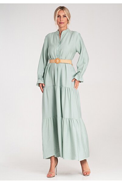 Figl Long casual dress with belt, with ruffles at the bottom – mint M1212 Universal
