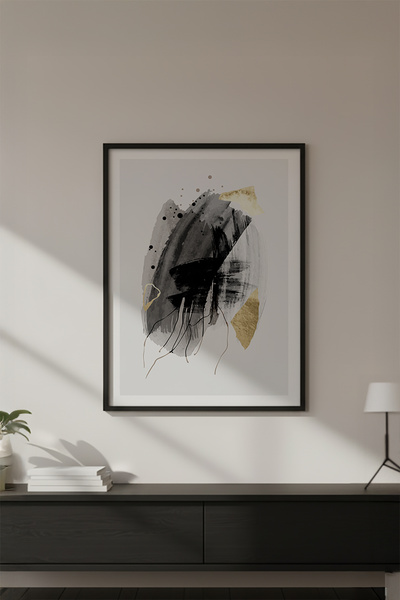 huhuli Ahşap Siyah Çerçeveli Soyut Desenli Siyah-Beyaz Tablo Huhu621