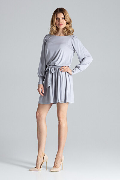 Figl Elegant mini dress with long sleeves and belt, gray - M577, size S/M
