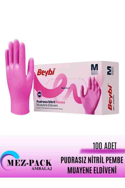 MEZ-PACK Beybi Pudrasız Pembe Nitril Muayene Eldiveni M BEDEN 100 ADET