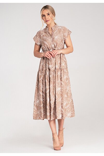 Figl Elegant Mock Neck long dress with Printed – brown M1180 Universal