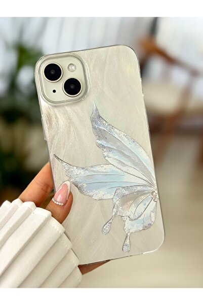 Go Aksesuar iPhone 15 - 14 - 13 Compatible Shine Platinum Butterfly Color Gradient Shiny Design Silicone Case