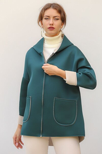 della moor Women's Green Italian Scuba/Diver Fabric Zippered Hooded Oversize Jacket