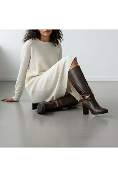 NE&VE SHOES Kahverengi Hakiki Deri Lastik Detaylı Tokalı Kadın Kalın Topuklu ...