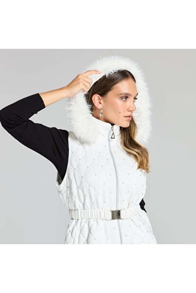 FUAT GÜRSEN Collar Fur Detailed Waist Belted Pearl Embroidered Vest