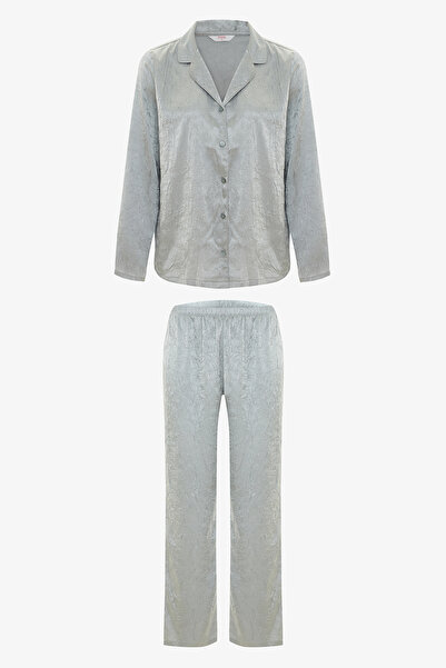 Penti Light Gray Satin Shirt Collar Buttoned Long Sleeve Pajama Set