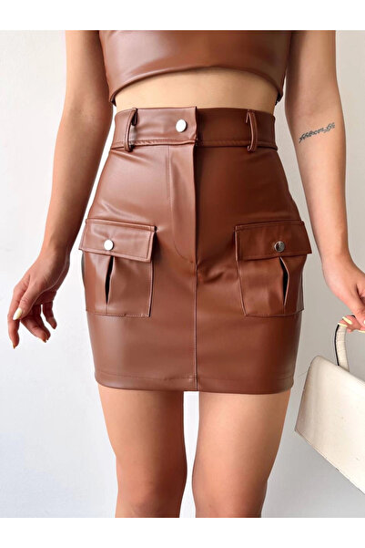 Zerenyus Leather Skirt with Two Front Pockets Brown