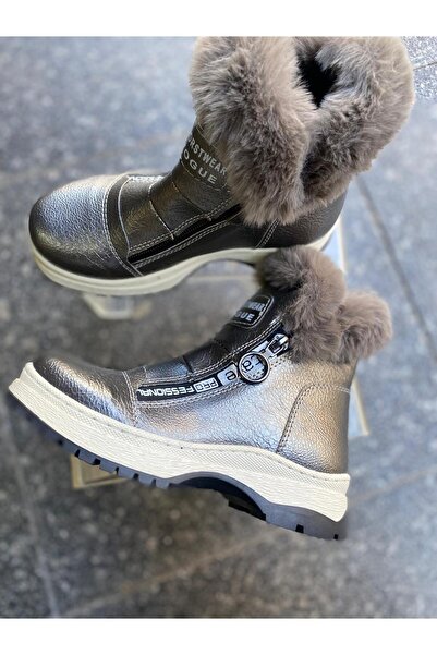 Aysun Ayakkabı Gray Outer Material Leather Fur Accessory Zippered Children's ...