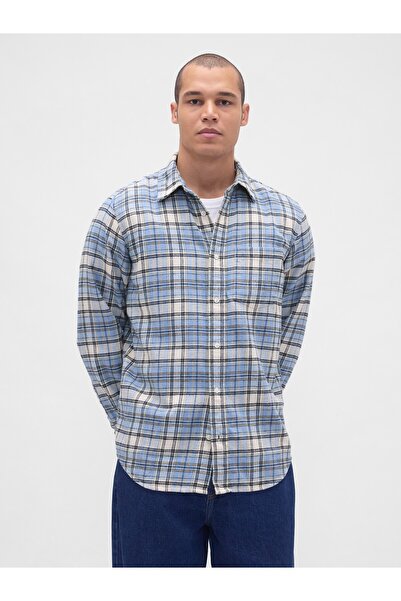 GAP Erkek Açık Mavi Organik Pamuk Relaxed Flannel Gömlek