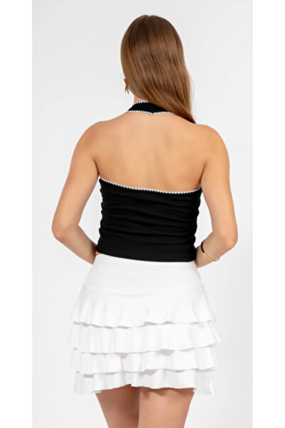 ALCİNOUS Halter Necklace Crop Top with 100% Cotton Embroidery Details