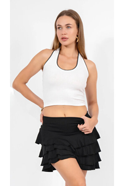 ALCİNOUS Halter Necklace Crop Top with 100% Cotton Embroidery Details