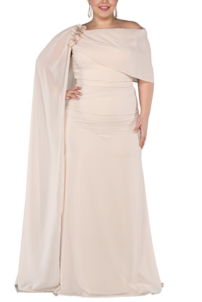 Arden Plus Size Long Evening Dress, Powder Chiffon Cape Sleeve, Boat Neck Mother Evening Dress, Invitations, Wedding, 46-52