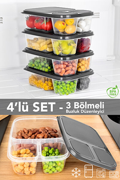 Meleni Home Recipient de depozitare dreptunghiular cu 3 compartimente din 4 piese - Organizator pentru frigider, potrivit pentru cuptorul cu microunde și congelator