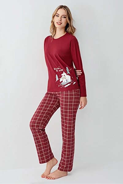 Arnetta 100% Cotton Circular Neckline Bottom Plaid Pattern Long Sleeve Women's Pajama Set