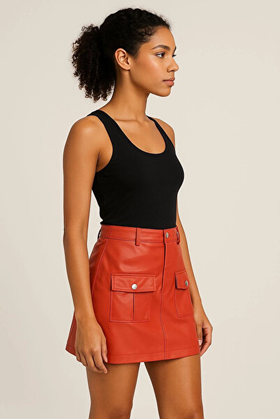 Zerenyus Leather Skirt with Two Front Pockets Orange