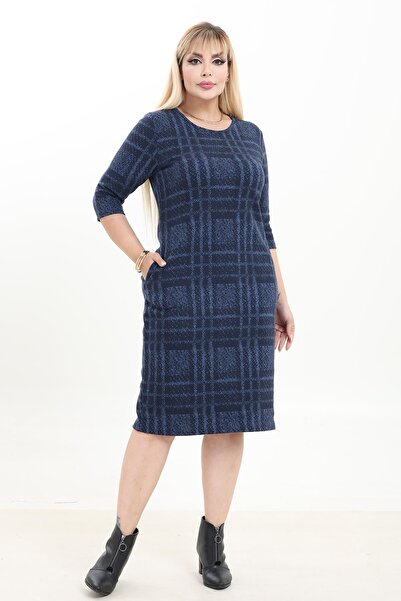 modayız Double Pocket Patterned Stretchy Winter Plus Size Midi Dress 5B-2743