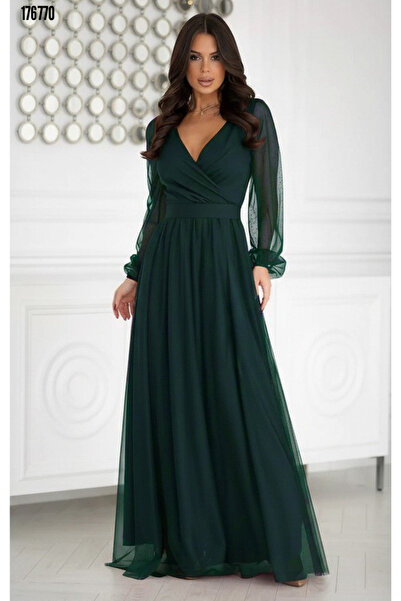 moda wanilia Γυναικείο μακρυμάνικο φόρεμα κρεπ με λεπτομέρεια με βαθύ σκίσιμο στο λαιμό