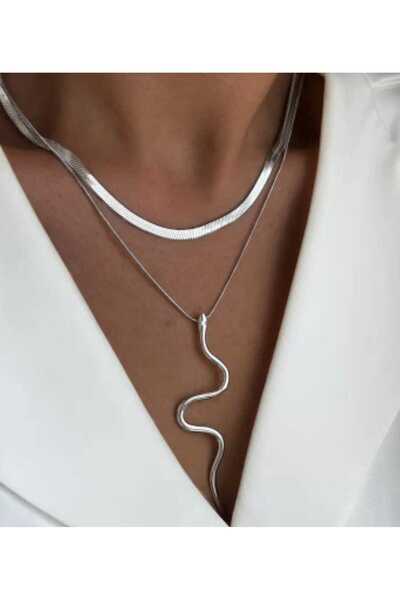 sarıyer silver Snake Figured Double Chain Steel Necklace Daily Stylish Modern...