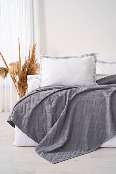 Rivaİstanbul Noemi Gray Double Size 100% Cotton Bedspread with Duvet Cover - 7 Piece Dowry Set