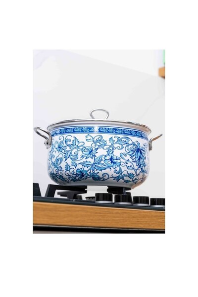 goldmann oală emailată 22x14 cm, 5 L, mânere cromate, capac de sticlă, inducție, model floral albastru