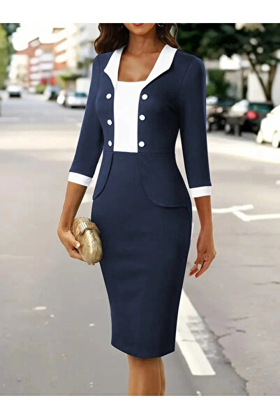 GENCULUS Women's three-quarter sleeve two-tone button-down short imported crepe dress