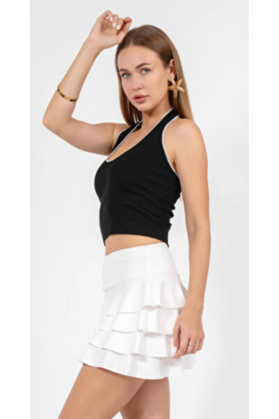 ALCİNOUS Halter Necklace Crop Top with 100% Cotton Embroidery Details