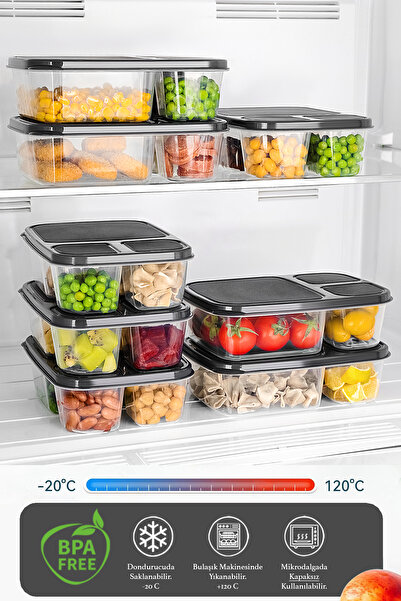 Meleni Home 8-Piece Rectangular 3-Compartment Storage Container - Microwave Compatible Organizer Deep Freezer Food Storage Container