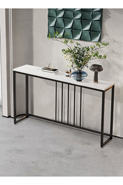 CHOIWIN Modern Console Table (120cm x 30cm x 80cm) - White Thickened Top & Black Metal Frame Entryway Table,