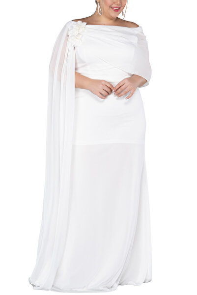Arden Plus Size Long Evening Dress, White Chiffon Cape Sleeve, Boat Neck Evening Dress, Wedding, Wedding Party, 46-52