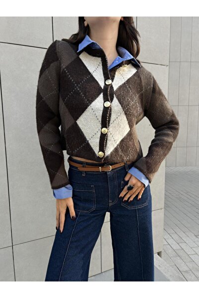 minaaise Women's Brown Buttoned Fleece-Lined Cardigan 5570