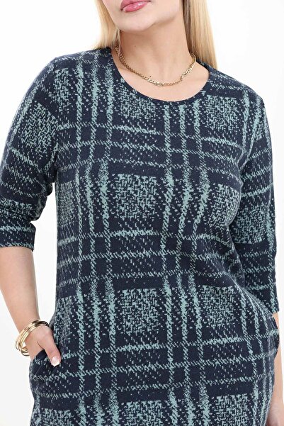 modayız Double Pocket Patterned Stretchy Winter Plus Size Midi Dress 37D-2744