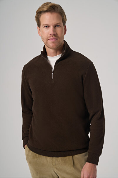 Morven Men's Brown Zippered Bato Collar Dynamic Fit Sweatshirt