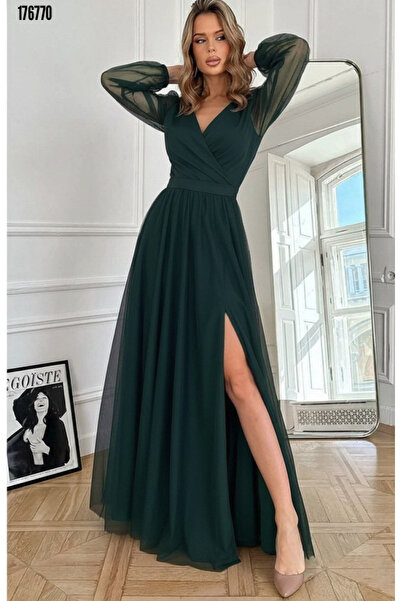 moda wanilia Γυναικείο μακρυμάνικο φόρεμα κρεπ με λεπτομέρεια με βαθύ σκίσιμο στο λαιμό