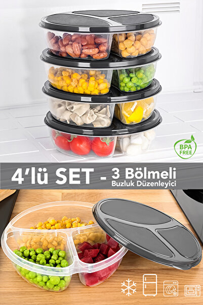 Meleni Home 4 Pieces Round 3-Compartment Storage Container - Microwave Compatible Organizer Deep Freezer Food Container