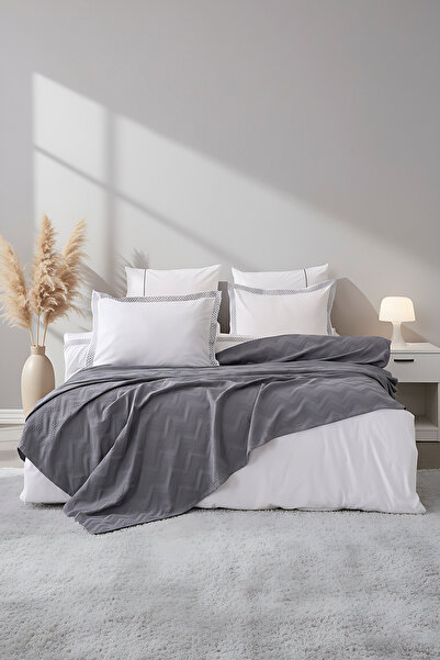 Rivaİstanbul Noemi Gray Double Size 100% Cotton Bedspread with Duvet Cover - 7 Piece Dowry Set