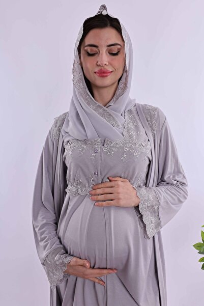 ByLohusa Effortt Gray Hijab-Friendly Long Dress Maternity Pajama Set
