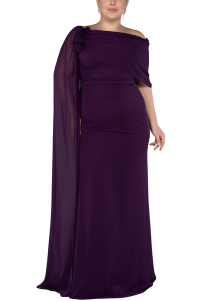 Arden Plus Size Long Evening Dress, Purple Chiffon Cape Sleeve, Boat Neck Mother Evening Dress, Wedding, Party, 46-52