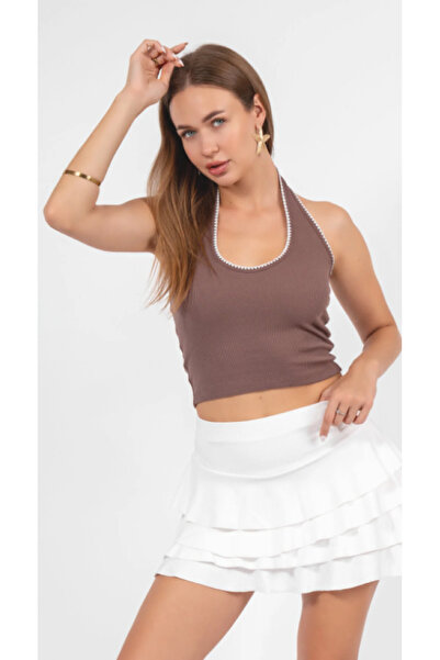 ALCİNOUS Halter Necklace Crop Top with 100% Cotton Embroidery Details