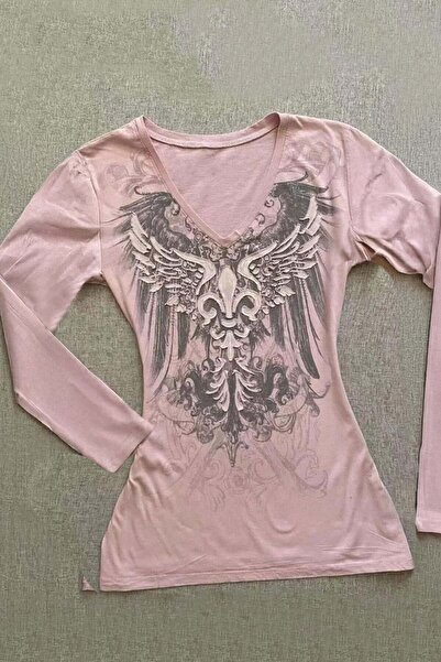 ARS Butik Pink Vintage Gothic Wing Y2K Long Sleeve Crop