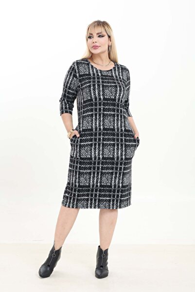 modayız Double Pocket Patterned Stretchy Winter Plus Size Midi Dress 8D-2742