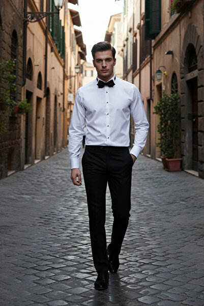 NAZEF Slim Fit Custom Made Horse Collar White Cotton Groom Shirt