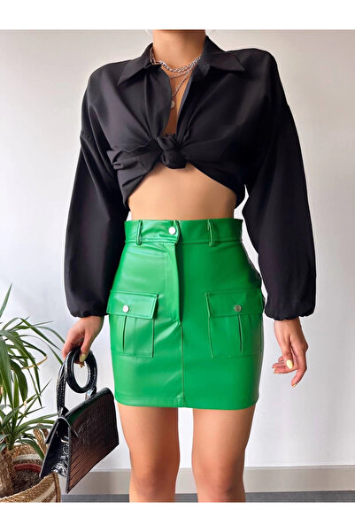 Zerenyus Leather Skirt with Two Front Pockets Green