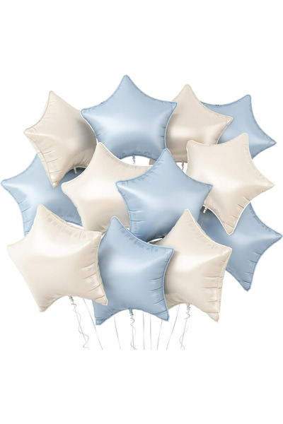 BALON DİYARI Cream Light Blue Star Foil Balloon 45cm Balloon String Compatible with Air and Helium