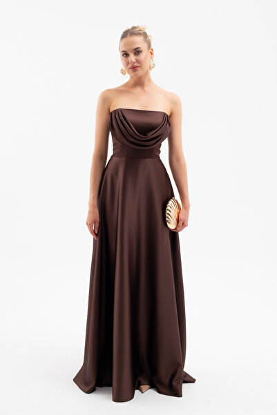 Lafaba Women's Brown Degaje Collar Long Strapless Evening Dress