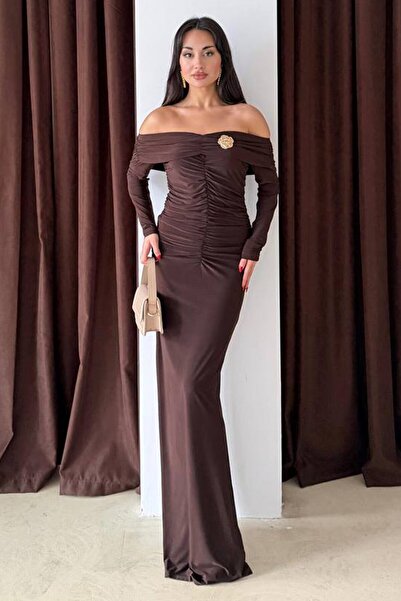 VAGGON Madonna Collar Draped Maxi Length Dress with Accessory Detail