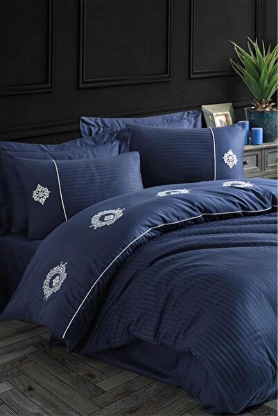 Hobby Elegant Embroidered Cotton Satin Double Duvet Cover Set Olimpos Navy Blue