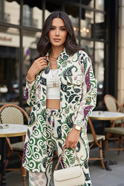 AsprinFashion Εθνοτικό σχέδιο με τύπωμα Λινό Σετ Πράσινο