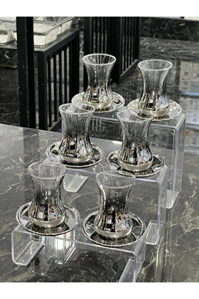 isra kristal Luxury Silver 6-Piece Glass Tea Set – Stylish Tea Cup and Saucer Set – Dishwasher Safe Tea Set